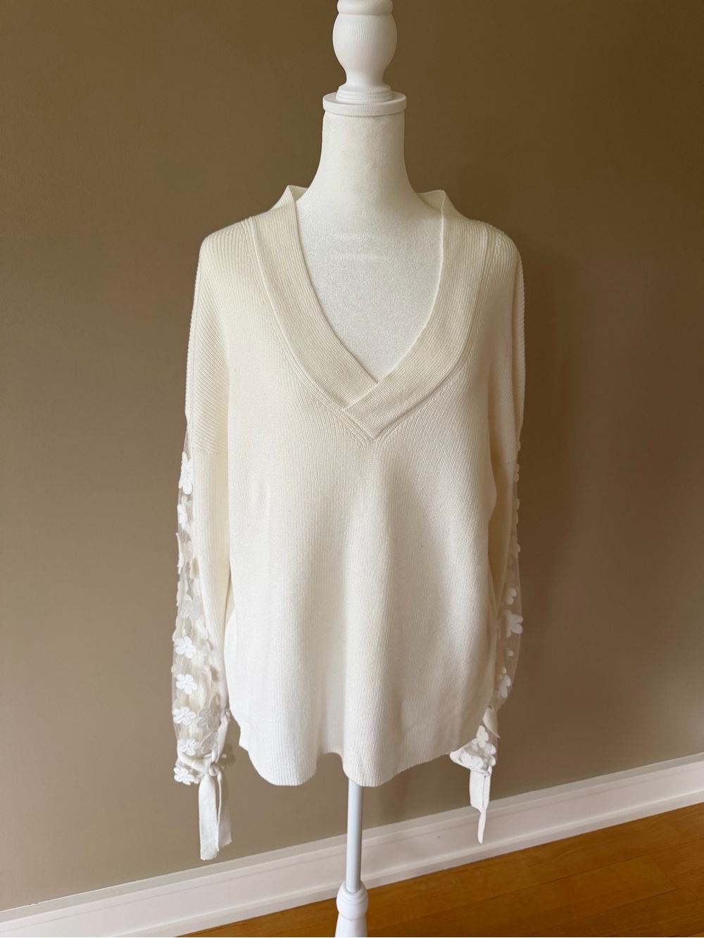 French Connection Cream V-Neck Sweater with Floral Lace Sleeves